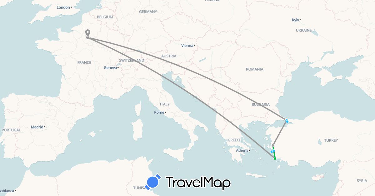 TravelMap itinerary: bus, plane, boat in France, Greece, Turkey (Asia, Europe)