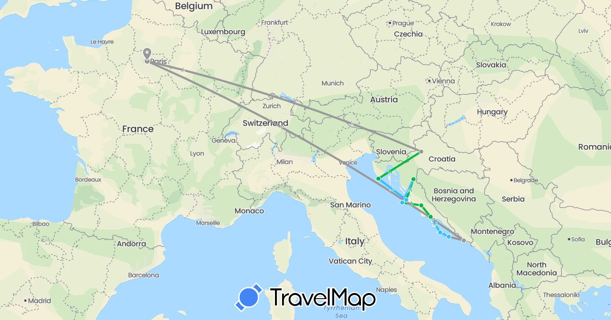 TravelMap itinerary: driving, bus, plane, boat in France, Croatia (Europe)